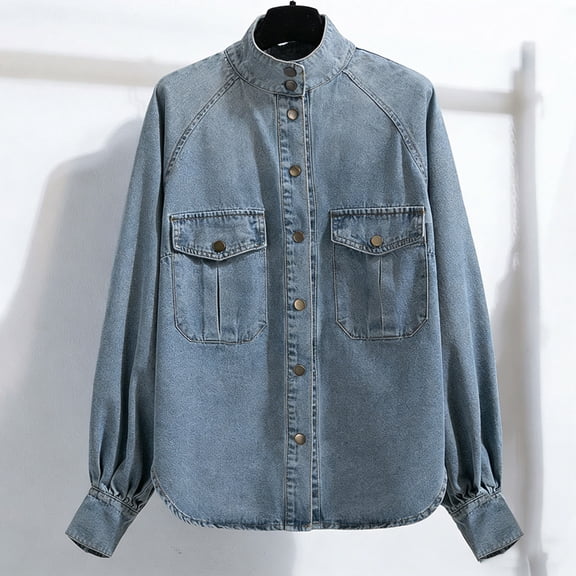 QATAINLAV Stand Collar Denim Jacket for Women Dressy Raglan Long Sleeve Casual Outerwear Button Down Loose Fit Tops with Pockets Blue XXXL