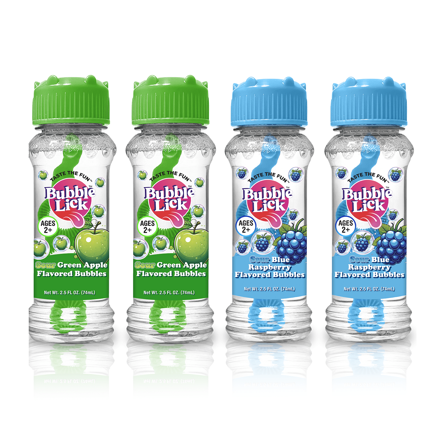 Bubble Lick Sour Blue Raspberry / Sour Green Apple Flavored Bubbles 4-Pack, 2.5 fl oz Bottles