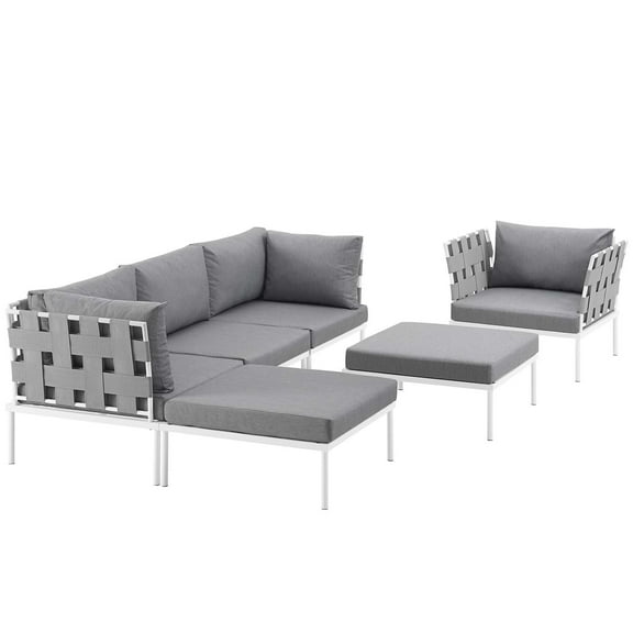 Modern Contemporary Urban Design Outdoor Patio Balcony Six PCS Sectional Sofa Set, Grey White Gray, Rattan