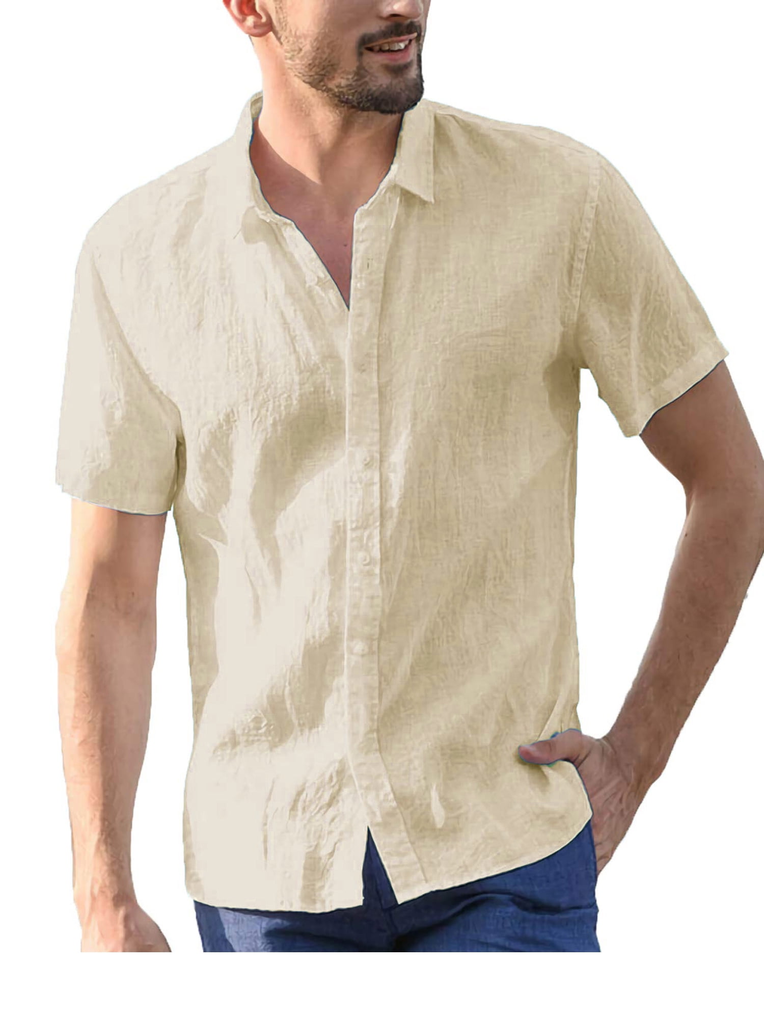 Liangchengmei Men's Cotton Linen Beach Shirt Short Sleeve Casual Button ...