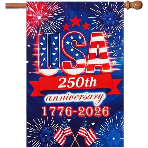 250 Anniversary USA House Flag 1776-2026 Commemorative Patriotic Yard Sign Outdoor Firework Design Banner 4th of July Decorations Double Sided 250 Year American Flag 28x40 Inch