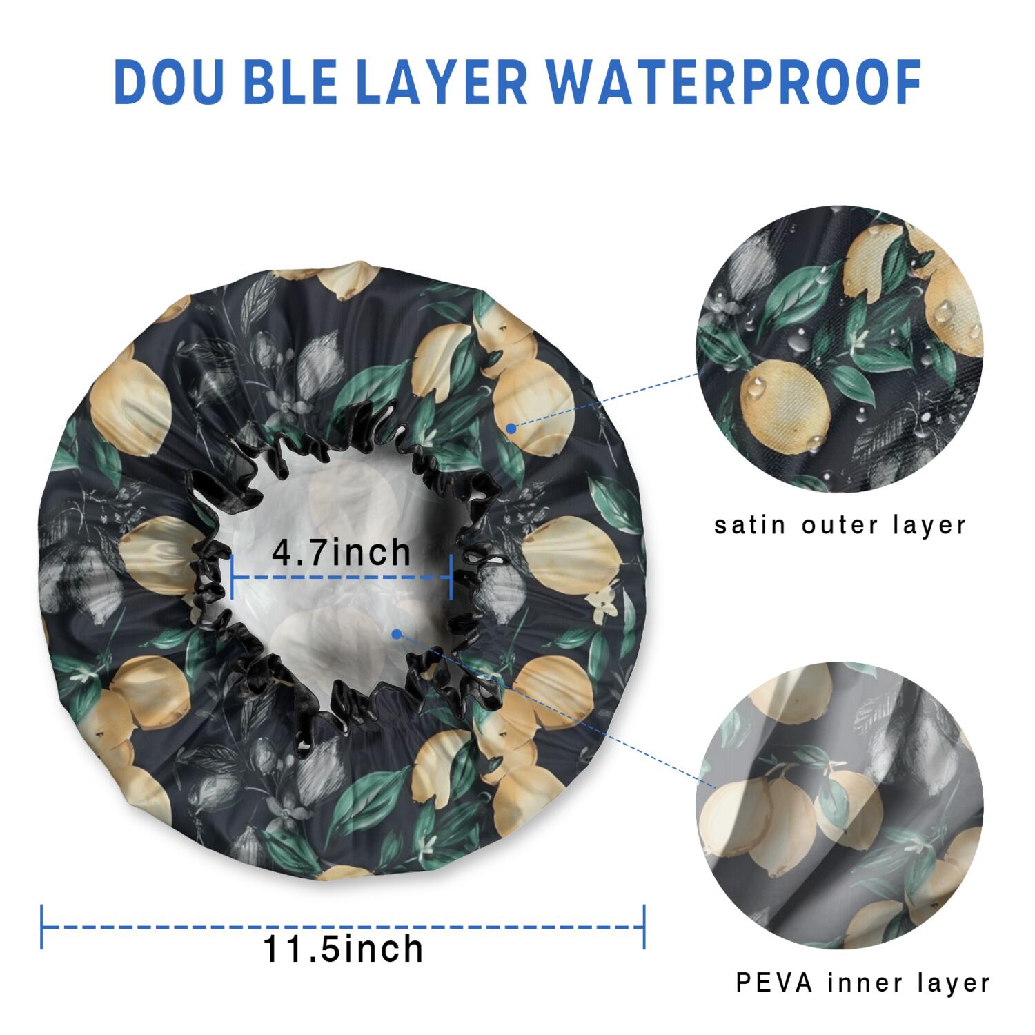 Shower Caps,Yellow Lemon Fruit Leaves Black Pattern Waterproof Shower Cap for Women 4 Pieces,Double Reusable Hair Cover for Shower PEVA Elastic Stretch Hem