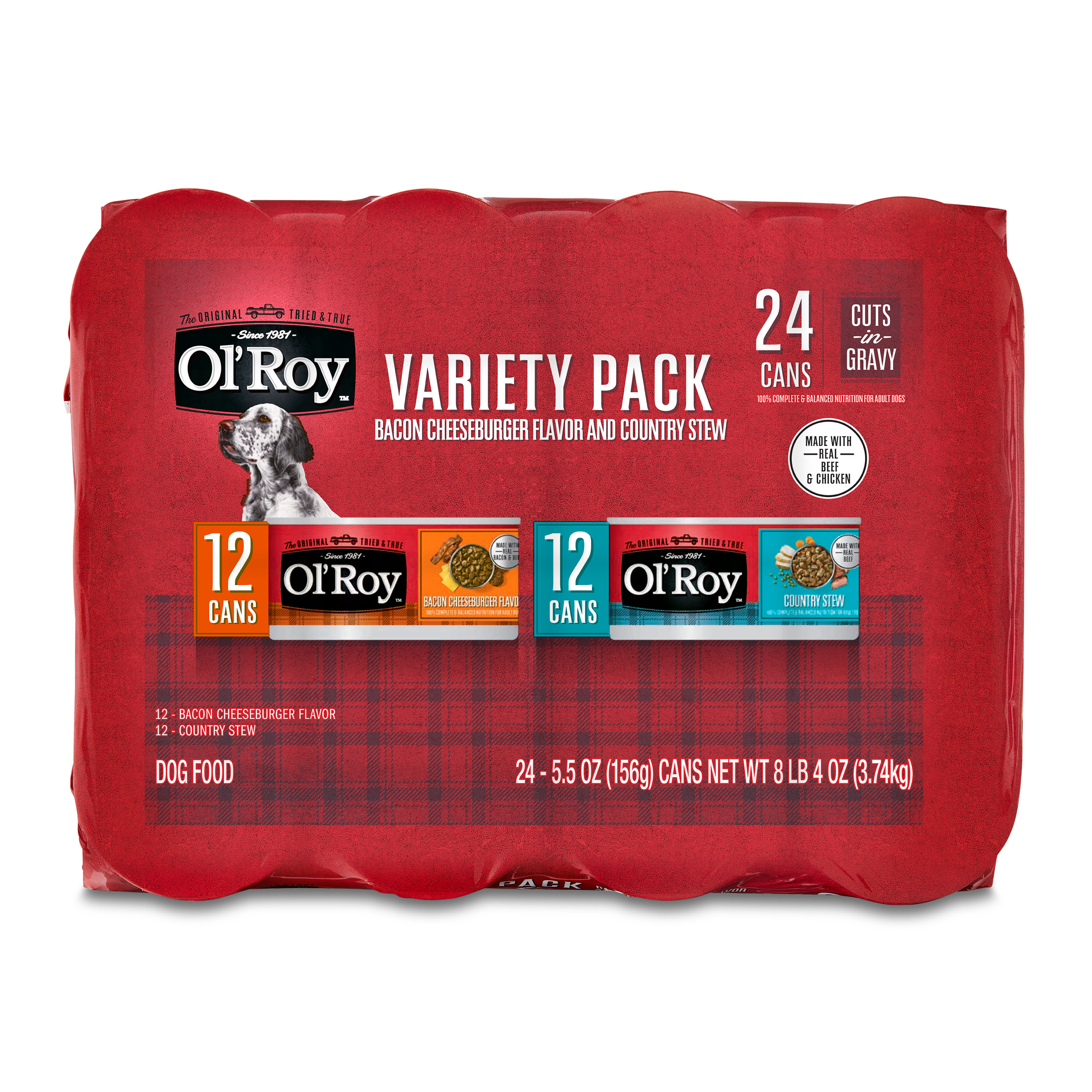 Ol' Roy Bacon Cheeseburger Flavor & Country Stew Cuts in Gravy Wet Dog Food Variety Pack, 5.5 oz Cans, 24 Pack