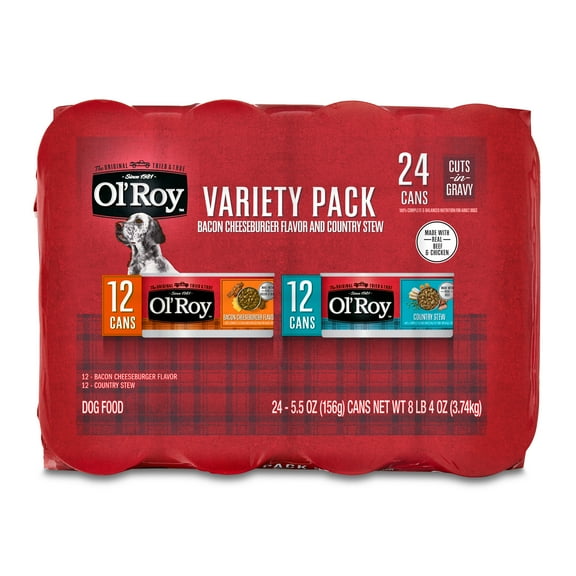Ol' Roy Bacon Cheeseburger Flavor & Country Stew Cuts in Gravy Wet Dog Food Variety Pack, 5.5 oz Cans (24 Pack)