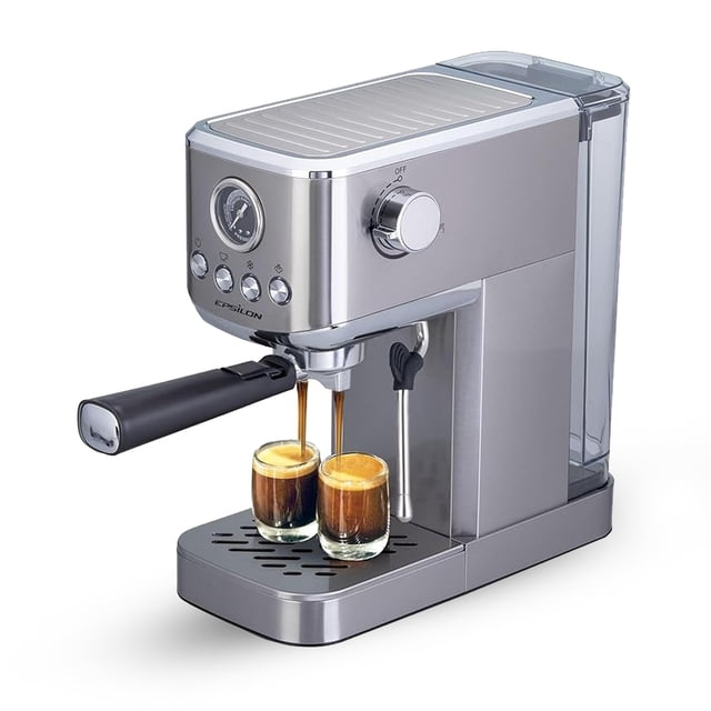 Epsilon Machine à Café avec Mousseur à Lait, Cafetière Espresso Compacte 20 Bars, Cafetière pour Café Chaud et Glacé avec Réservoir d'Eau Amovible, Fonction d'Infusion à Froid, et