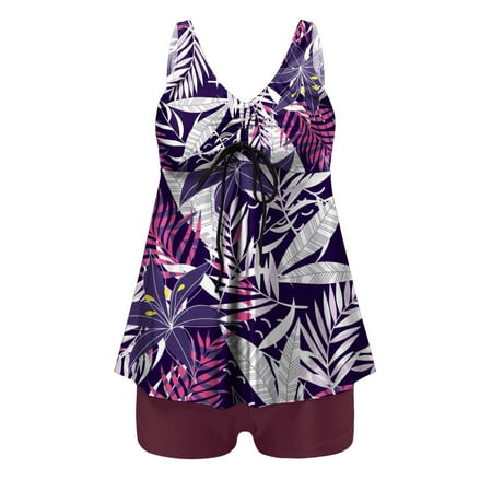 IDALL Tankini Swimsuits Bathing Suit Swimsuits For Two Piece Bathing Suits Print Tank Top With Boyshorts Tummy Control Swimming Suits Swim Suits for Women Camisole Tops Purple 2XL(Clearance Sales)