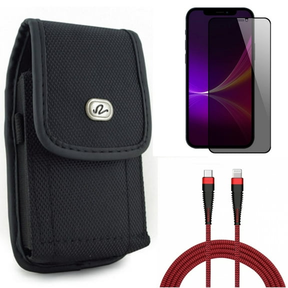 Privacy Screen Protector & Case Belt Clip & PD Cable for iPhone 13 Pro Max ONLY - Tempered Glass Curved Anti-Spy   Rugged Holster Canvas   10ft USB-C to iPhone Charger Combo