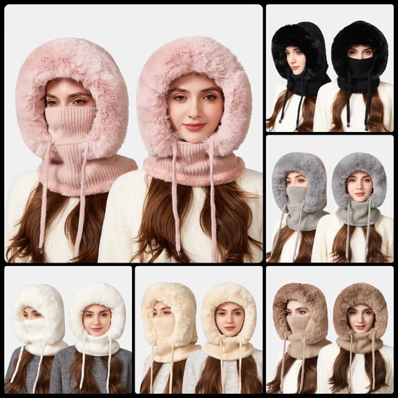 YZEGDCH Pink Women One Piece Slouchy Fleece Thicken Beanie Winter Hats Scarf Mask Drawstring Warm Hooded Winter Balaclava Pullover Knitted Winter Hat, Birthday Valentines Gift for Women