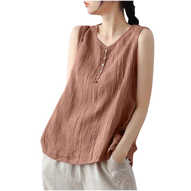 Plebaso Débardeurs en Coton et Lin pour Femmes Col Rond Sans Manches Chemises Décontractées Légères Blouses pour Femmes