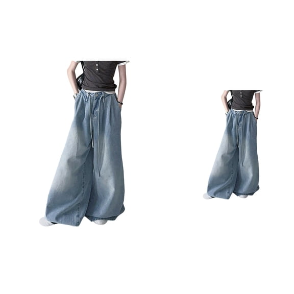 Extra Wide Leg High Waist Jeans for Women – Loose Fit Casual Denim Trousers with Elastic Waist, Pockets, Plus Size Korean Style Summer Outfit