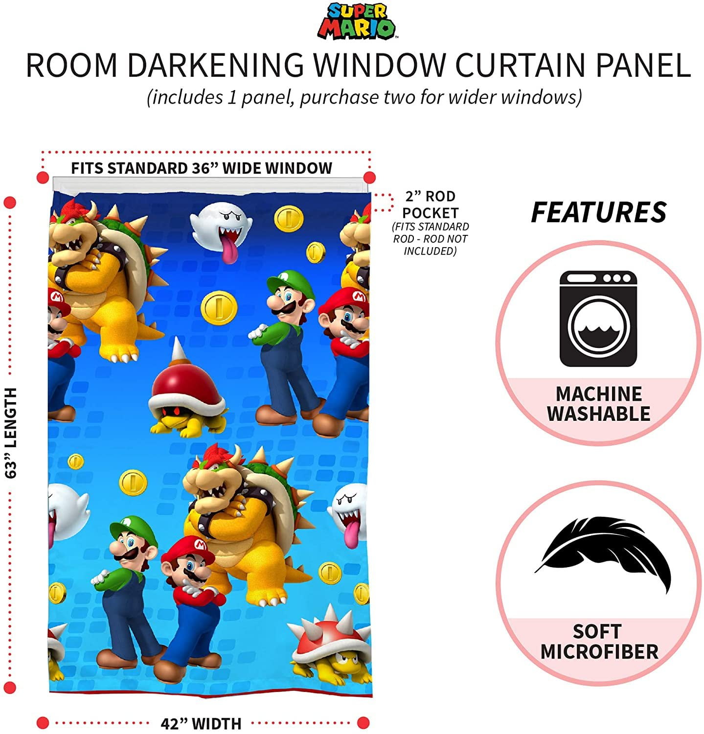 Super Mario Kids Lights Off Room Darkening Curtain Panel, 63" Length, Blue
