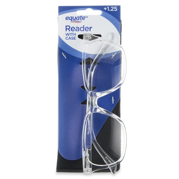 Equate Unisex Full Rim Reading Glasses with Case, Single Vision Plastic Lens, Clear Frame,  1.25