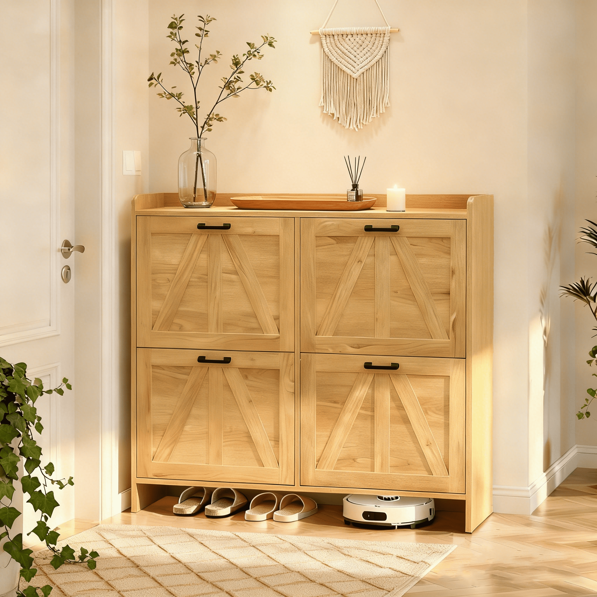 41.9-Inch Barn-Door Shoe Cabinet with 4 Flip Drawers, Space-Saving Entryway Shoe Storage and Hallway Organizer for Living Room, Light Oak