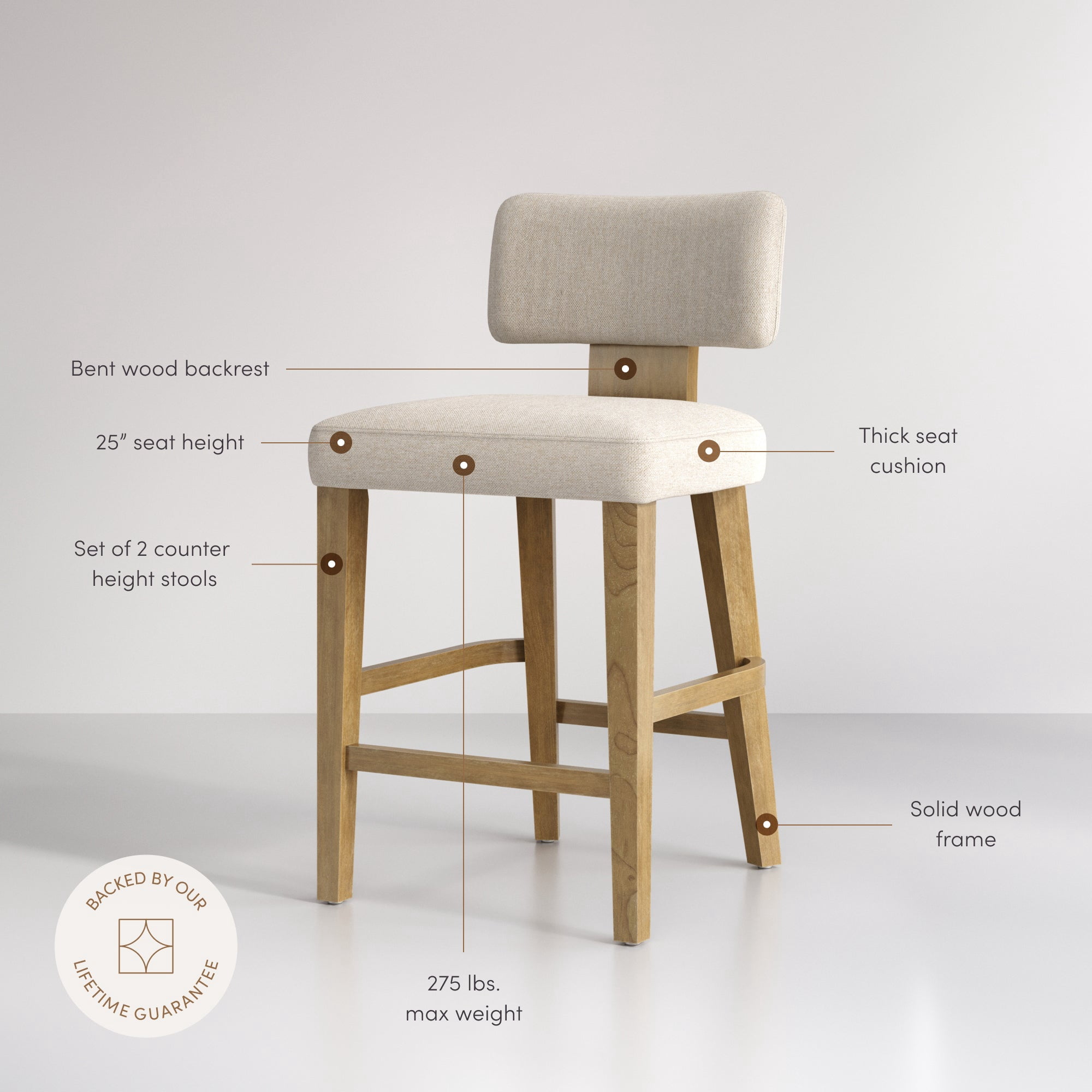 Nathan James Thalen Scandinavian Bentwood Counter Stools, Solid Wood Counter Stools Set of 2 with Flax Upholstery, Light Brown
