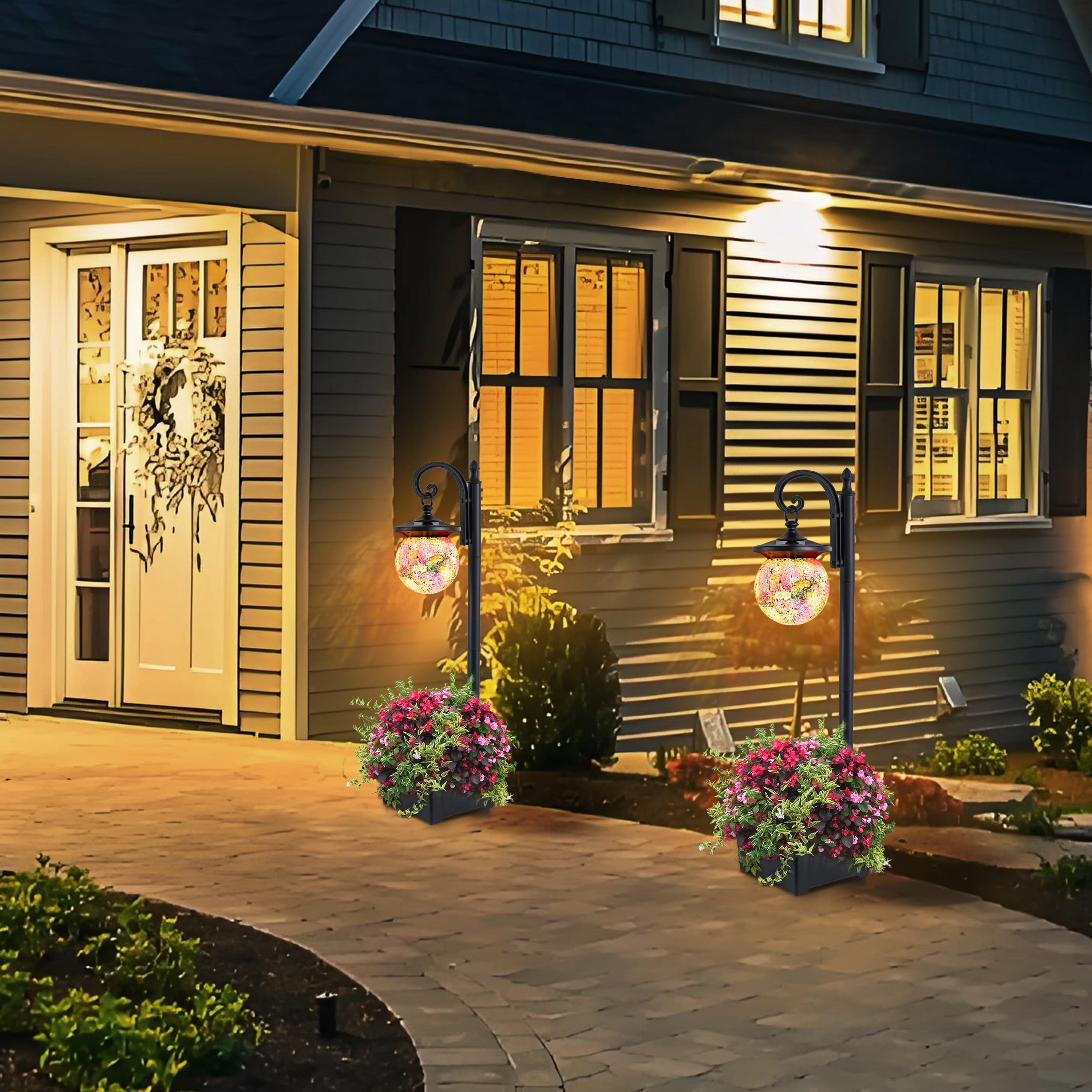C Cattleya Solar Outdoor Post Light with Planter and Mosaic Glass Shade