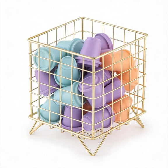 Metal Coffee Pod Holder Basket, Large Capacity Wire Storage Organizer for K-Cups and Capsules, Gold Coffee Bar Accessories for Kitchen Countertop and Office (5.3" x 5.3" x 6.3")