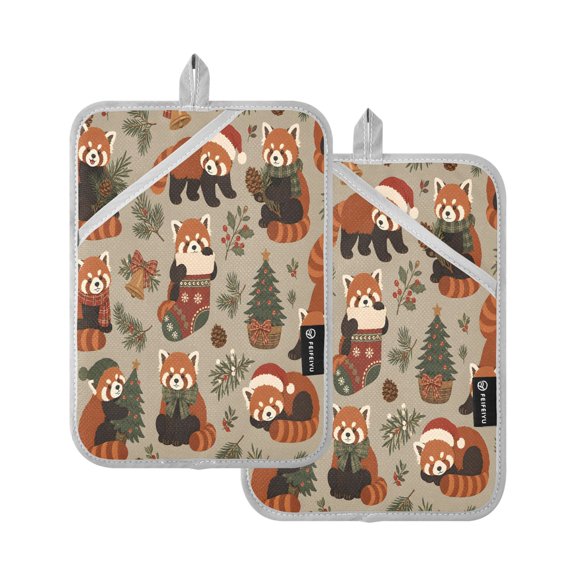 Two Pieces Of Square Heat Insulation Pad Oven Mitts Seamless Red Pandas 7x9.8 Inch Oven Microwave Kitchen Cooking Baking