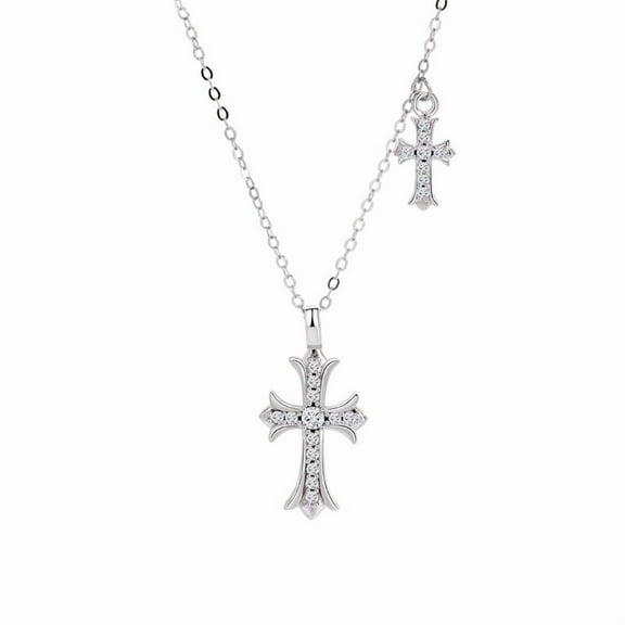 Leander's 925 sterling silver double cross necklace, set with cubic zirconia, is a stylish and luxurious choice for women.