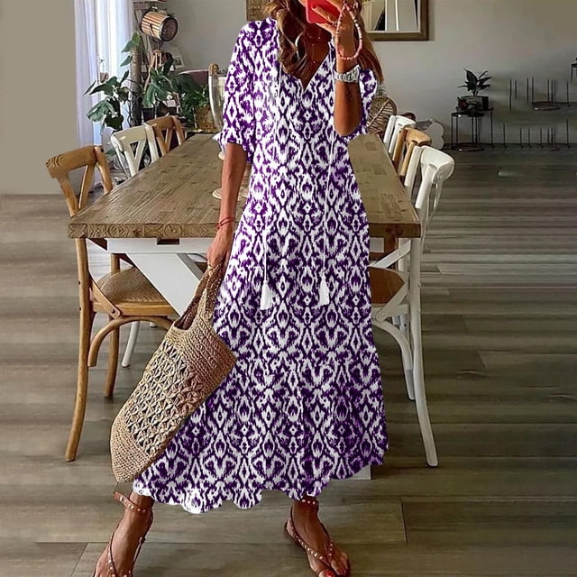 Liquidation d'Économies d'Été Robes! Cagogo Robe Longue Maxi d'Été pour Femmes à Volants Fluide Col en V Décontractée Robe d'Invitée de Mariage Bohème à Imprimé Géométrique Manches Courtes Ligne A Boho Robe de Plage pour les Vacances