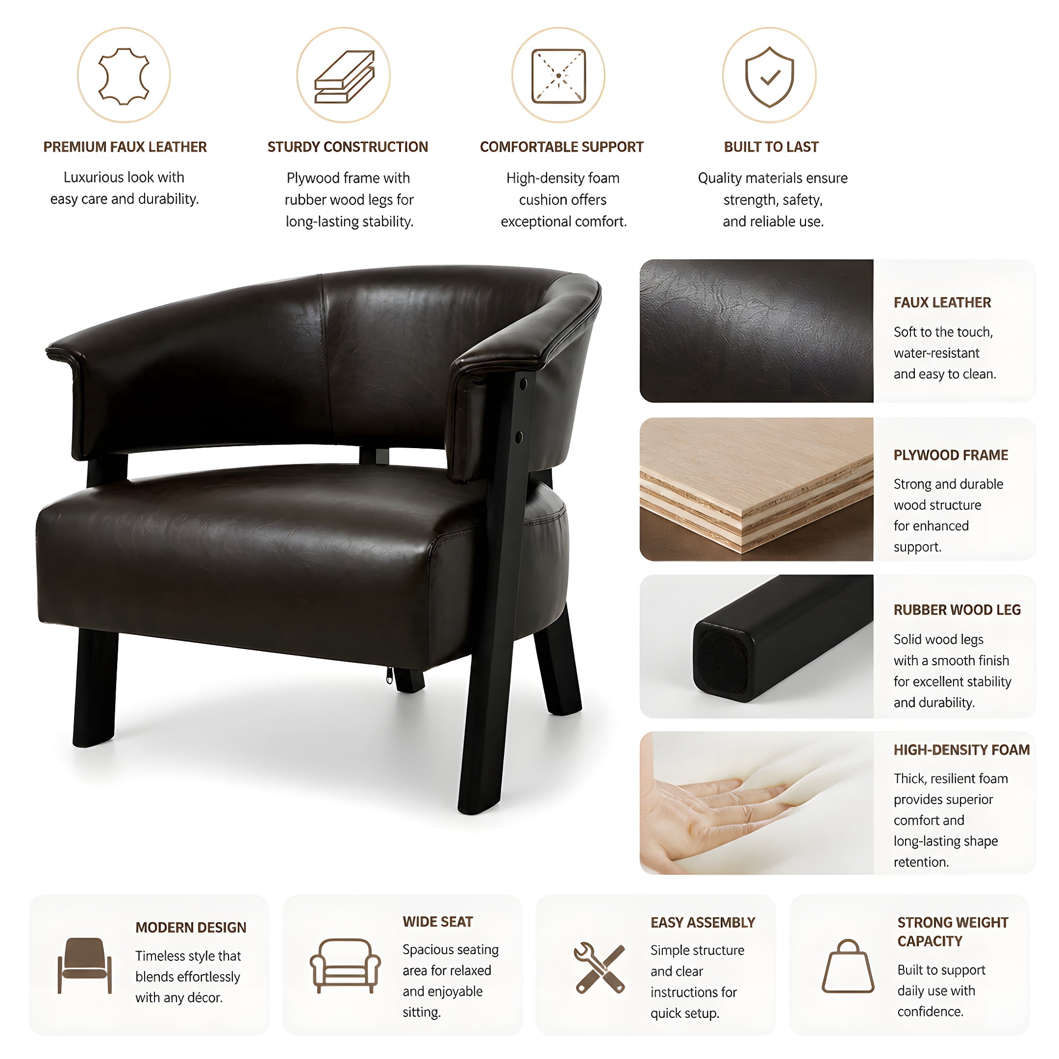 Wingback Accent Chair with Faux Leather and Wrap-Around Back, Upholstered Armchair and Reading Chair with Solid Wood Legs, Brown