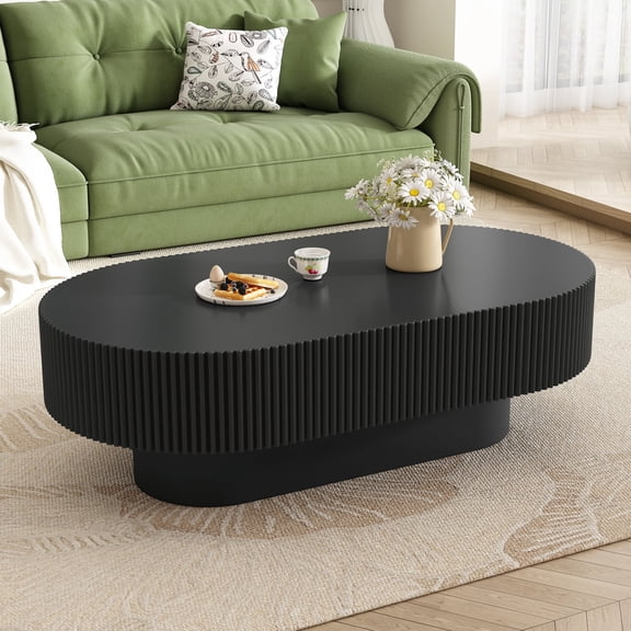 GDF Studio 43.3" Oval Fluted Coffee Table, Modern Minimalist Drum End Table with Thick Top and Sturdy Base, Black
