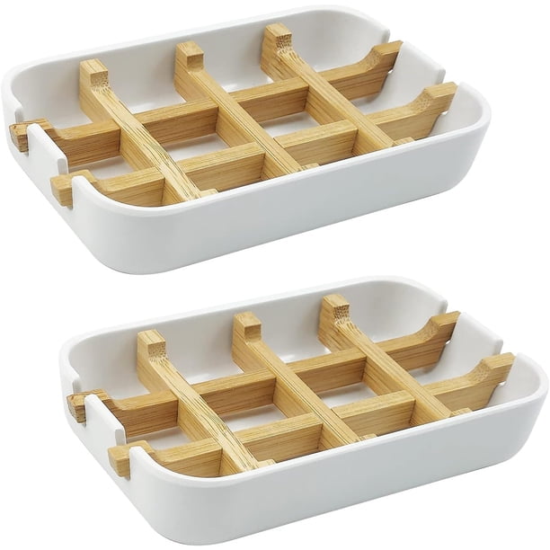 Jabonera, Paquete de 2 Jaboneras Autodrenantes de Bambú, Soporte para Jaboneras para Ducha, Baño, Cocina, Bañera, Fregadero de Bar (Blanco)