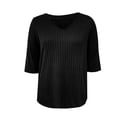 thumbnail image 6 of ManxiVoo Womens Brushed Striped V Neck Tee Shirt Artistic Retro Inspired Three Quarter Sleeve Top S Size Black, 6 of 7
