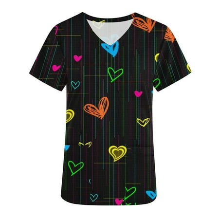 

JWZUY Women Heart Printed Scrub Tops V-Neck Working Uniform T-Shirt Cute Printed Scrub Top Short Sleeve Tops with Pockets Blouses Pullover Shirts Tshirts Tee Shirt (Black S)