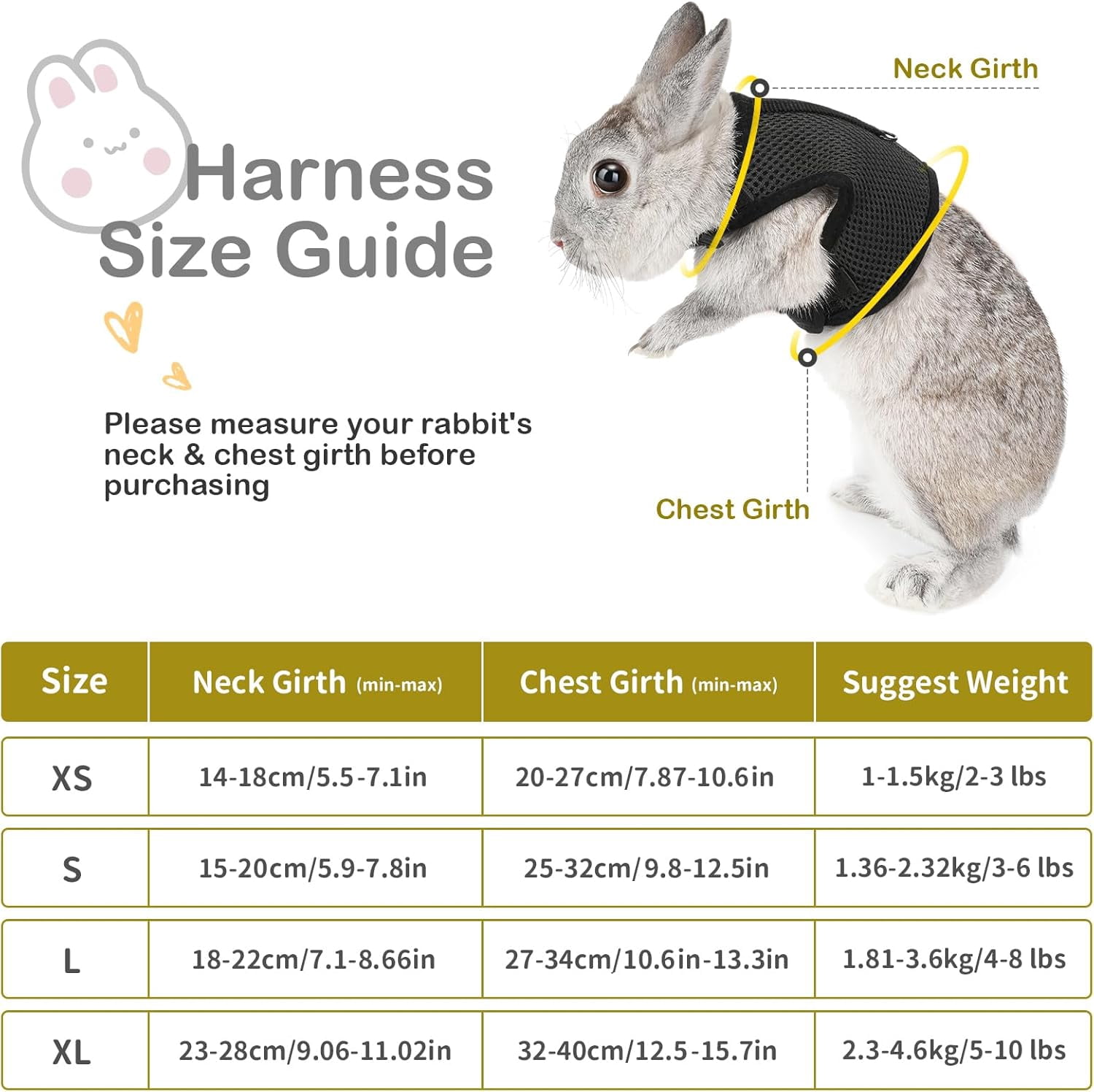Bunny Rabbit Harness with Stretchy Leash Cute Adjustable Buckle Breathable Mesh Vest for Kitten Small Pets Walking (Black,XS)