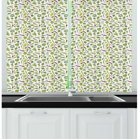 Vegetables Curtains 2 Panels Set, Pattern of Fresh Greenery Plants and Foods, Window Drapes for Living Room Bedroom, 55"W X 39"L,Pale Olive Green Reseda Green Dark Magenta White, by Ambesonne