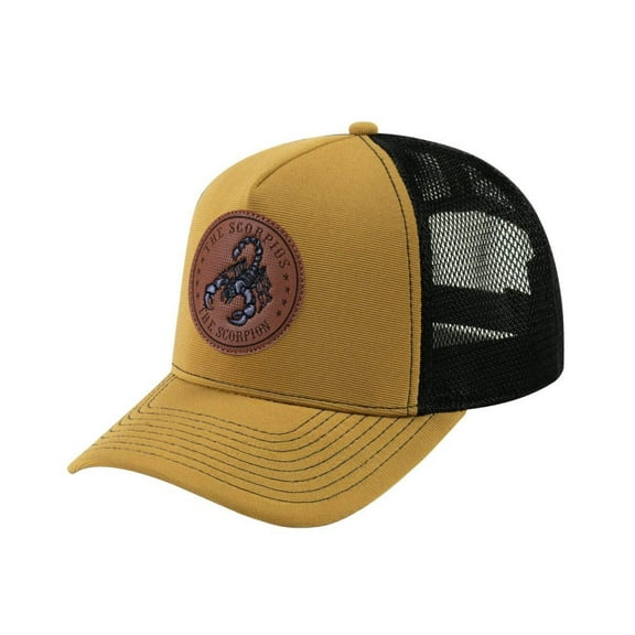 Unisex V2 Embroidered And Laser-Engraved Scorpius Zodiac (October 23, November 21), 5-Panel Trucker Hat, Light Brown/Black, Adjustable Fit