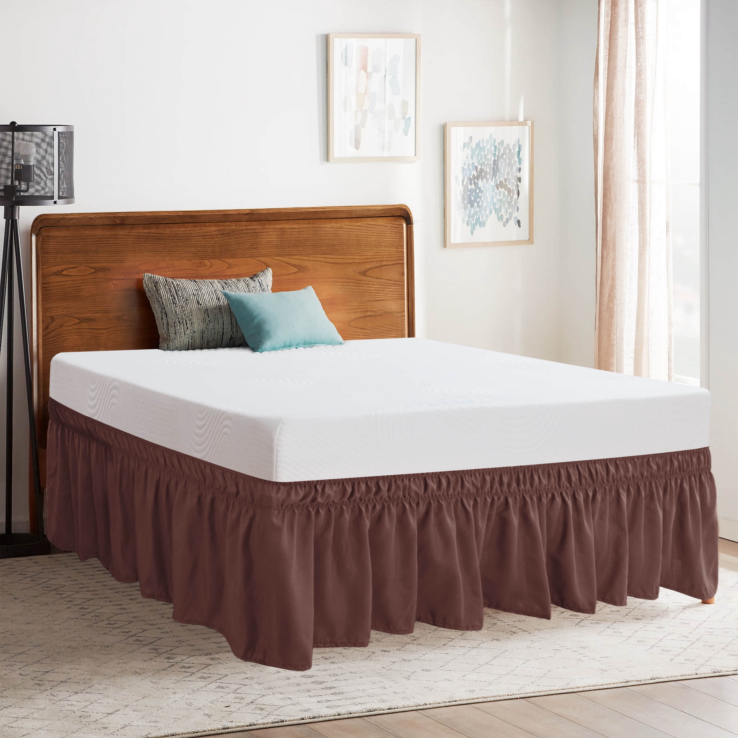 Subrtex Bed Skirt Wrap-Around Dust Ruffle Elastic 16 Inch Bed Cover, King, Chocolate