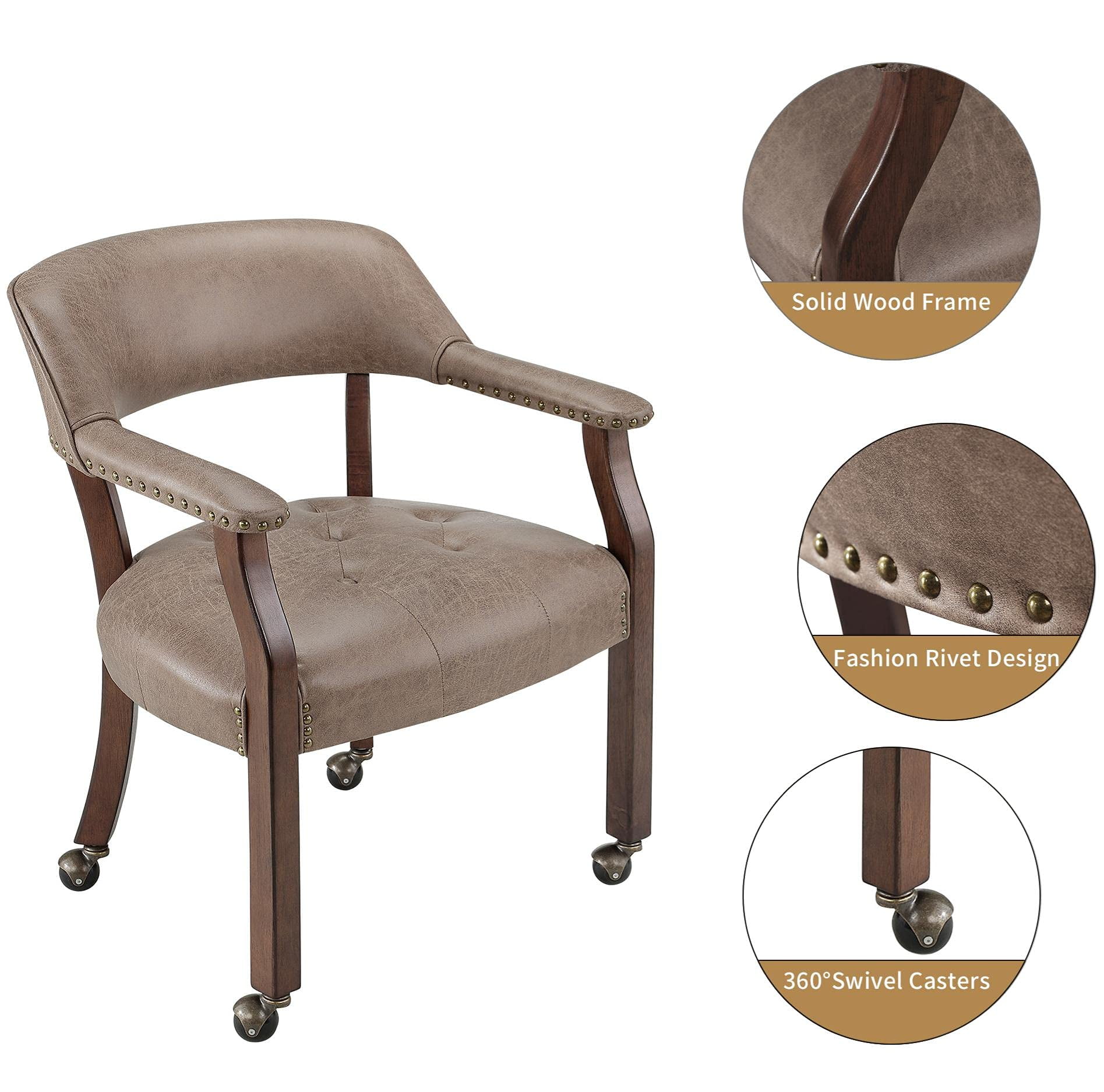 JESONVID Dining Chair with Casters Set of 4, Captain's Chair with Caster Dining Room Chairs with Rollers Curving Backrest Dinette Sets Poker Chair with Wheels Kitchen Table Rolling Chairs,Light Wheat