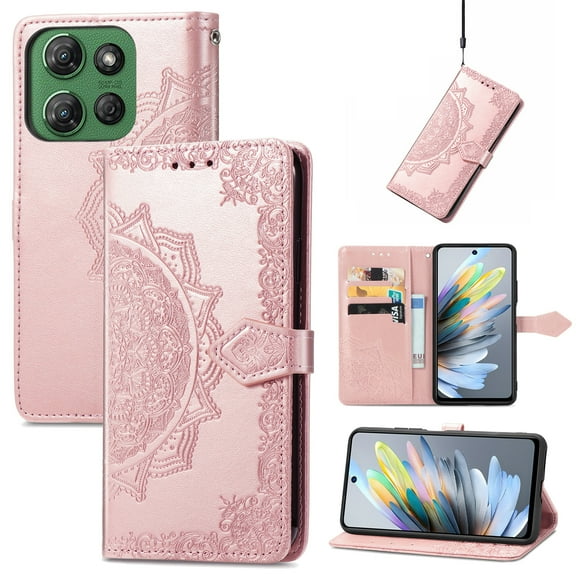 Allytech for Moto G Power (2025) Wallet Case, Luxury PU Leather with Embossed Pattern, Magnetic Clasp Kickstand Card Cash Slots Shockproof Slim Flip Case with Hand Strap for Women Men, Rosegold