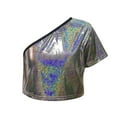 thumbnail image 3 of WOYY Girls One Shoulder Metallic T-Shirt Stage Dance Party Short Sleeve T Shirt, Sizes 2-3, 3 of 3