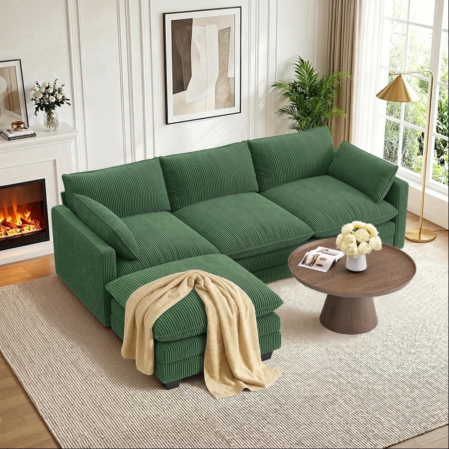 110'' Oversized L Shaped Couch for Living Room, Noelse Cloud Couches with Washable Corduroy Cover, Modern 4-Seater Comfy Deep-Seat Sofa with Movable Otteoman and 2 Throw Pillows, Green, Clearance