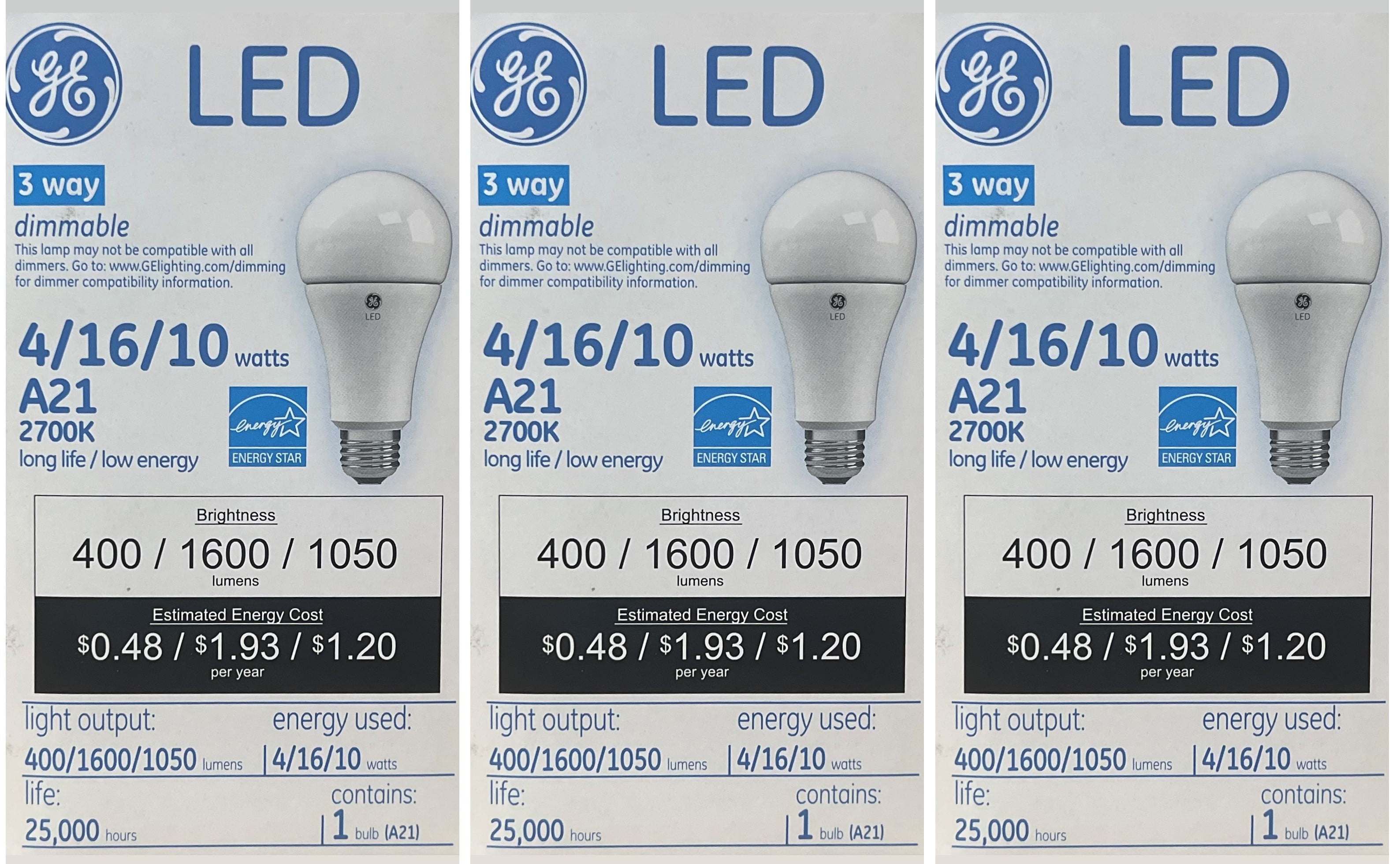 (case of 3) GE 73376 LED A21 3-way Light Bulb, 2700K warm white, using 4/16/10 watts, emitting 400/1600/1050 lumens, medium base