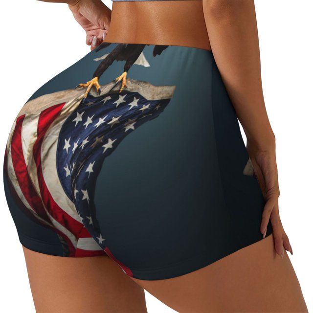 Balery American Flag Pantalones cortos de entrenamiento estampados para mujer, sin costuras, ajustados, para gimnasio, yoga, correr, deportes, ejercicio activo, fitness.-Medium