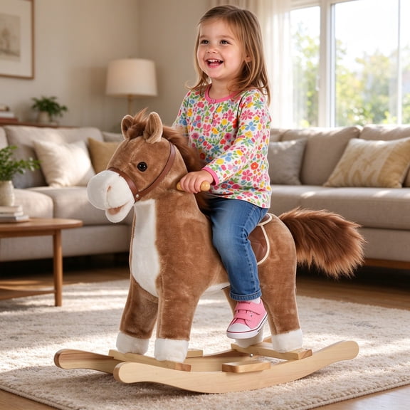 EDOEMSE Fun Rocking Horse Plush Animal on Wooden Rockers, Baby Rocking Chair with Sounds, Moving Mouth, Wagging Tail, Brown