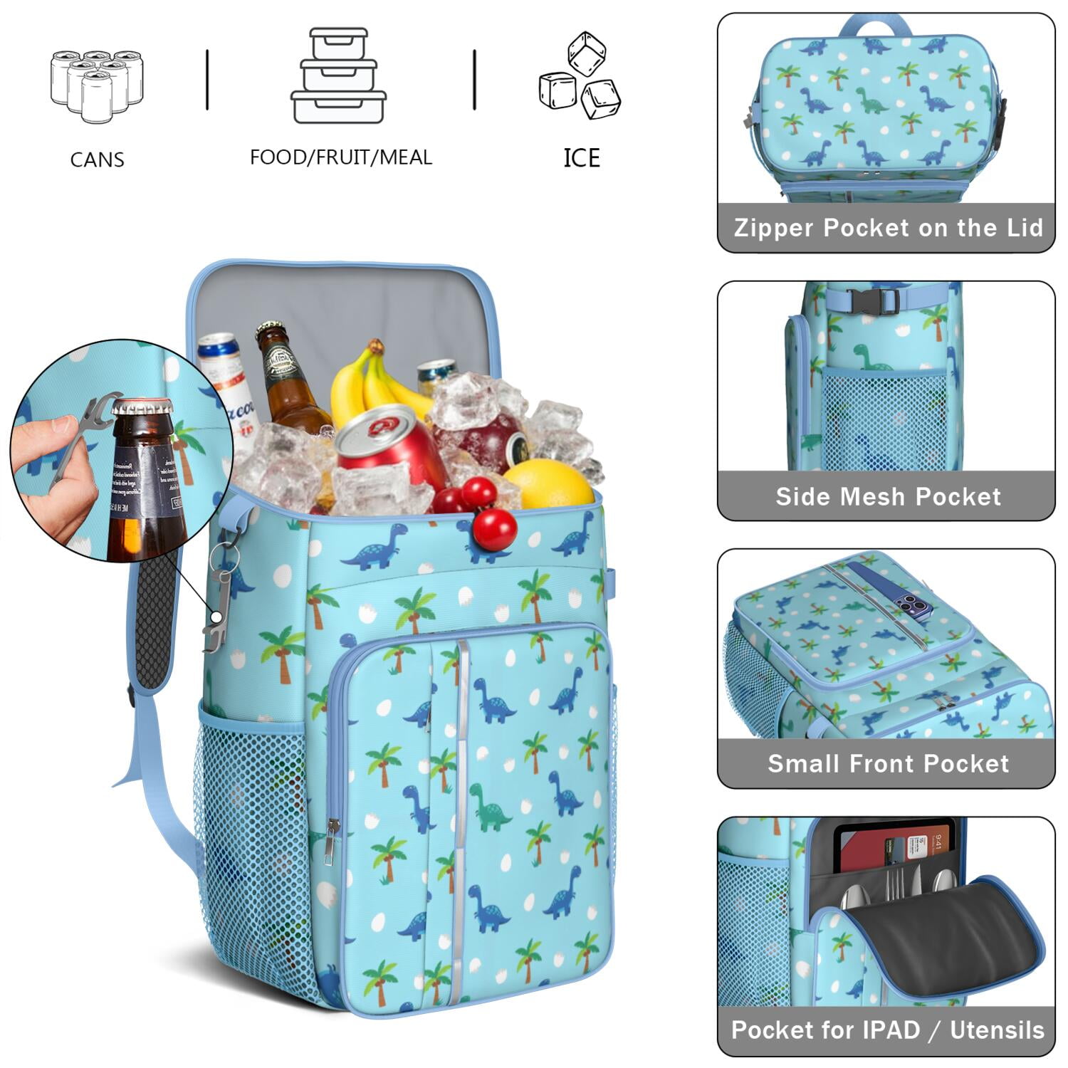 Travel Cooler Bag - Light Blue Dinosaurs Palms Eggs Pattern Camping Beer Cooler Backpack with Bottle Opener- Waterproof Insulated Picnic Backpacks - Cooler Bag for Beach