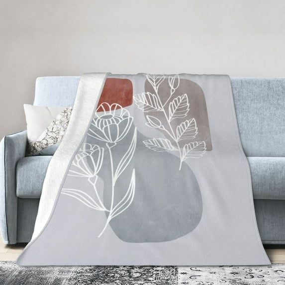 DouZhe Ultra-Soft Micro Fleece Lightweight Flannel Bed Blanket, Bohemian Gray Plant Leaves Print Cozy Warm Throw Blankets, 50"x40"