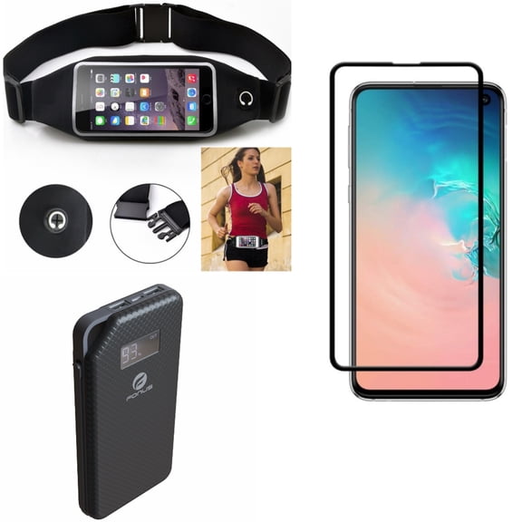 Galaxy S10e Running Waist Bag w Power Bank w Screen Protector - Belt Band Sports Gym Workout, 10000mAh Charger Portable, Tempered Glass 5D Curved Edge for Samsung Galaxy S10e Phone