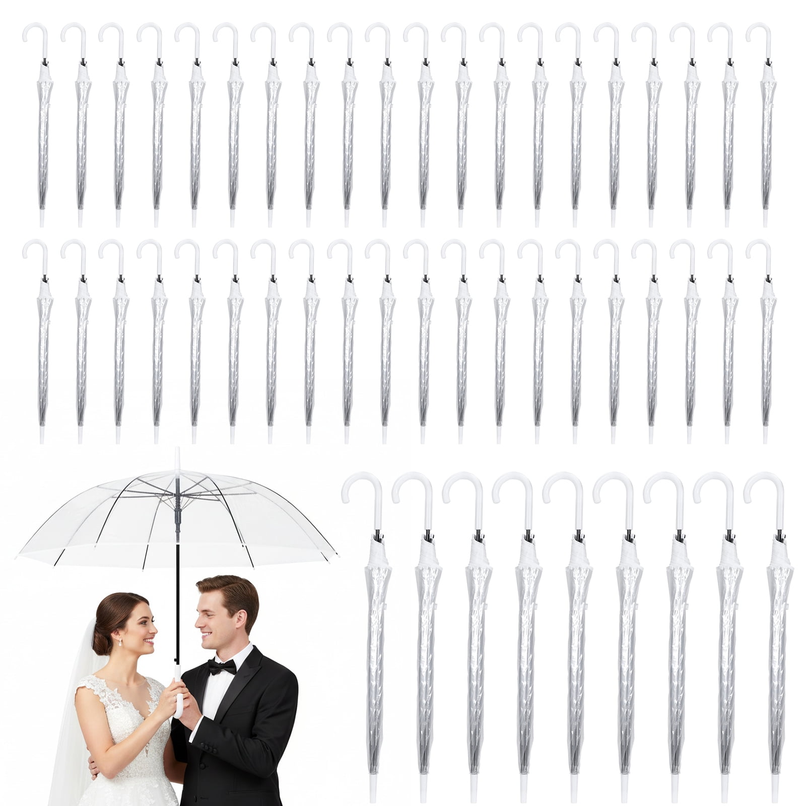 Qiyester 50-Pack Wedding Stick Umbrellas with J Hook Handle Auto Open Clear Umbrellas Bulk for Wedding Bride Groom Photography Golf Outdoor