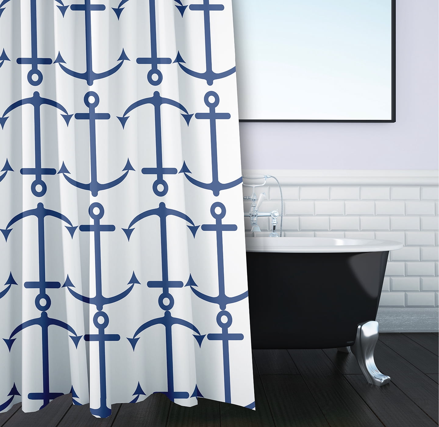Simply Daisy 70" W x 73" L Anchor Pattern Polyester Shower Curtain, Nautical Navy [1 Ct]