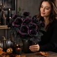 thumbnail image 5 of MYUNNIL Halloween Simulation Rose, 1 Pc Gothic Realistic Long Stem Purple Rose with Black Leaves, 13 Inch Waterproof Reusable Floral Prop for Table Centerpiece Wedding Festive Decor, Black, 5 of 7