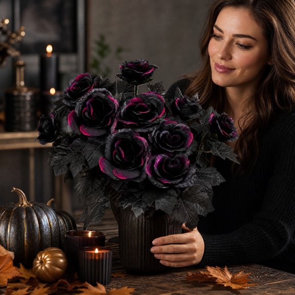 Artificial Halloween Rose Bouquet, 13.39 Inch Gothic Purple‑Black Fake Roses with Maple Leaves, Dark Aesthetic Floral Arrangement for Tabletop Window Party Indoor Home Decor, Holiday Decorations
