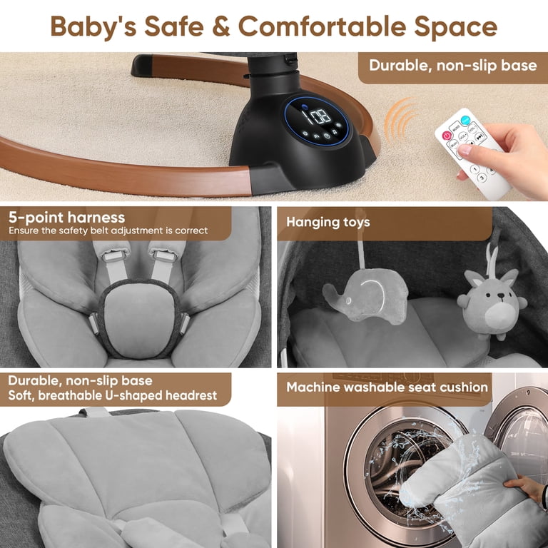 Babyeap Electric Baby Swing with Bluetooth, Light Gray photo 6