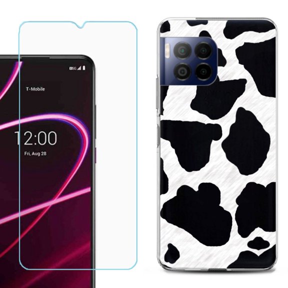 For T-Mobile Revvl 7 Pro 5G Phone Case, Shockproof Case Cover with Tempered Glass Screen Protector, by OneToughShield - Cow Skin Design
