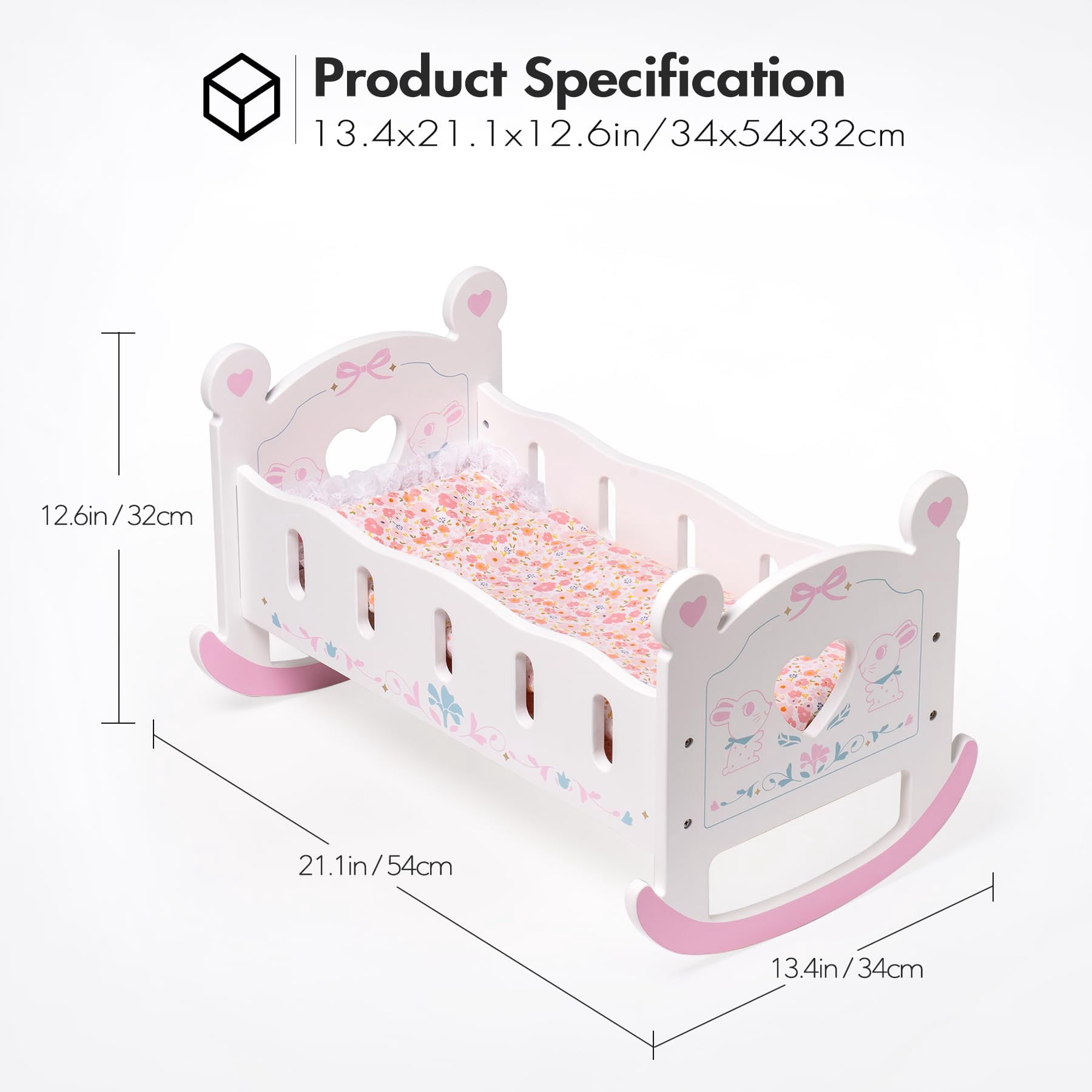 ROBUD Wooden Doll Cradle Rocking Baby Doll Crib, Reversible Doll Bed Furniture with Pink Pad for Dolls Girl,Fits Dolls up to 18 Inches (Pink)
