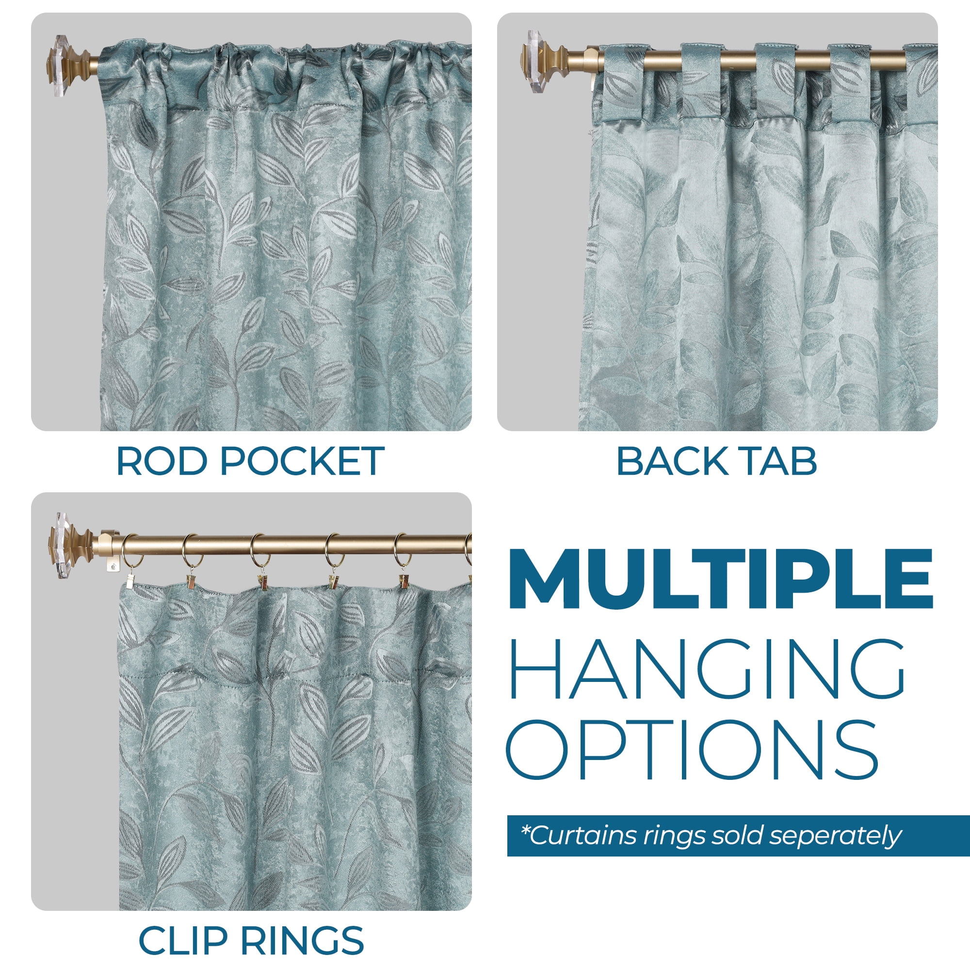 Superior Blackout Leaves Back Tab Curtains Set of 2, Light Filtering Curtain Panel Set, Green Lily, 52"W x 108"L
